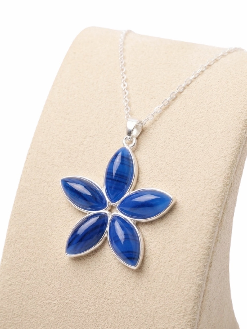 New Blue Stripe Agate Sterling Silver Boho Handmade Floral Daisy Necklace